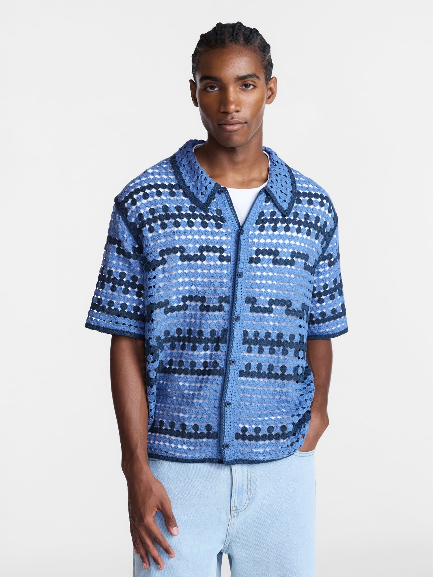 No Boundaries Men's Faux Crochet Boxy Fit Button Up Polo Shirt, Sizes XS-3XL