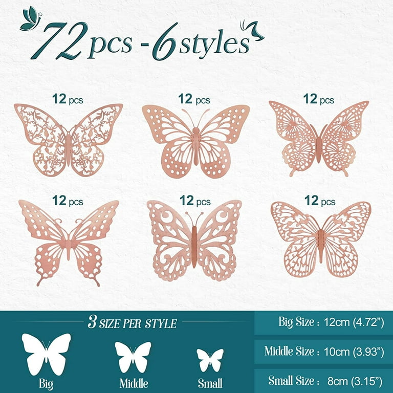 72 Pcs Rose Gold Butterfly Wall Decor, Butterfly Decorations, 3