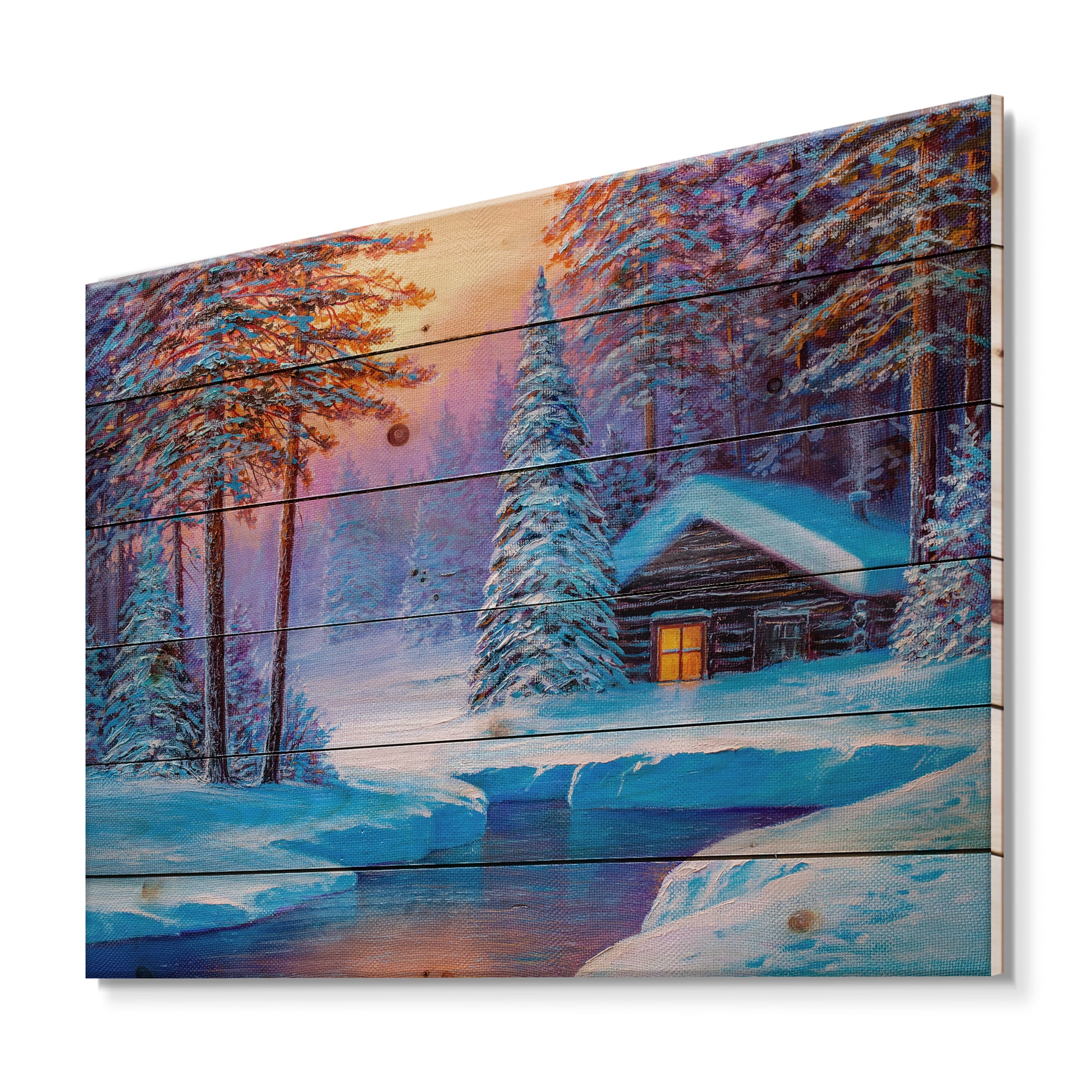 Designart 'Old Cabin In Winter Forest In Evening Glow I' Traditional Print on Natural Pine Wood