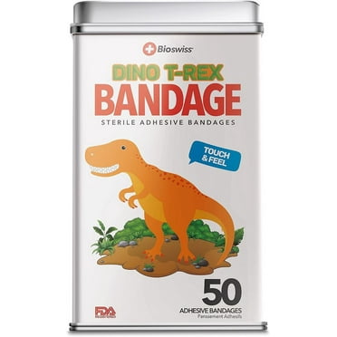 BioSwiss Bandages, Dinosaur Shaped Self Adhesive Bandage, Latex Free Sterile Wound Care, 50 Count