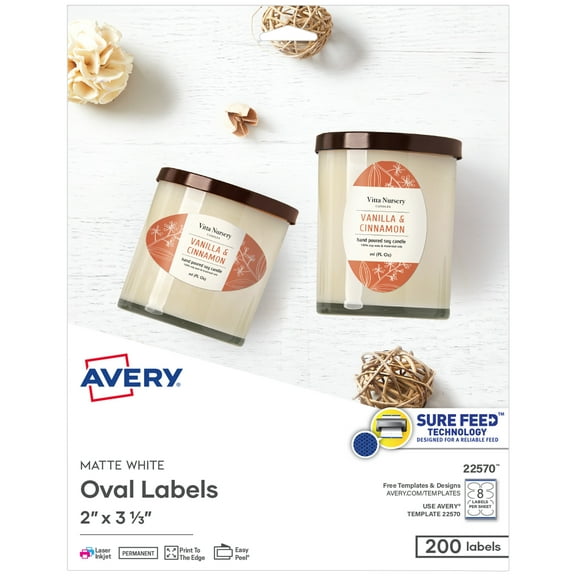 Avery Printable Oval Labels, 2" x 3-1/3", White, 200 Labels (22570)