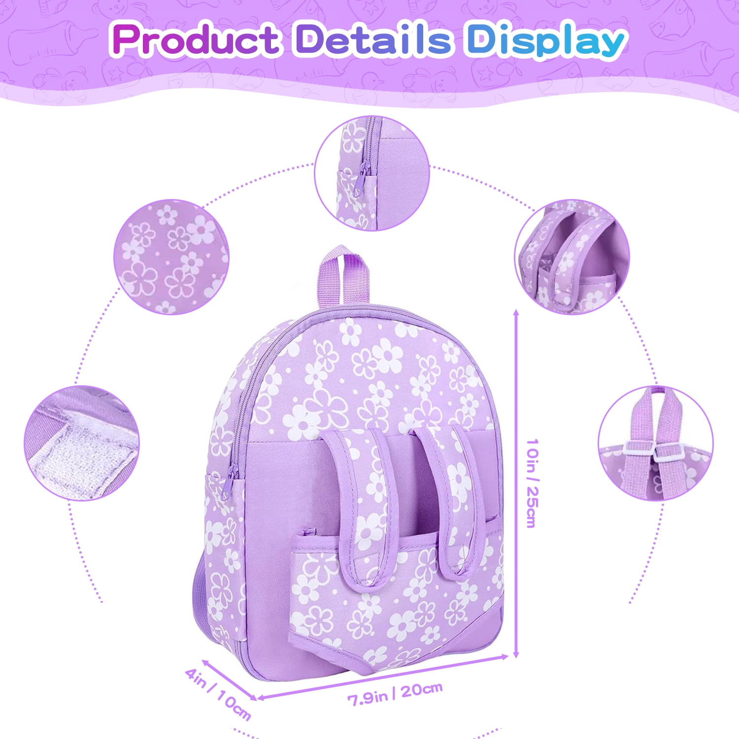 LINXUXIE Baby Doll Set with Diaper & Pacifier, Pretend Play Toy with Flower Pattern Backpack Carrier, Birthday Gifts for Kids 3-5 5-8 8-12 Year Old