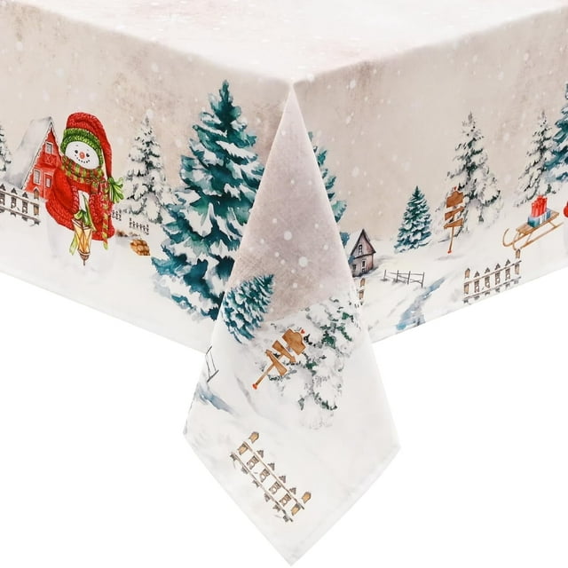 FRAMICS Christmas Tablecloth 60×84 Inch, Winter Snowflake Christmas Trees Table Cloth, Beige Christmas Table Cloth Rectangle, Waterproof Washable Christmas Table Cover for Party Kitchen Dining Room