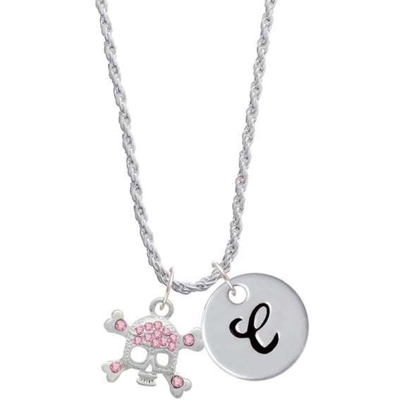 Delight Jewelry Silvertone Skull and Crossbones with Pink Crystals Silvertone Script Initial Disc - C - Charm Necklace, 20"+3"