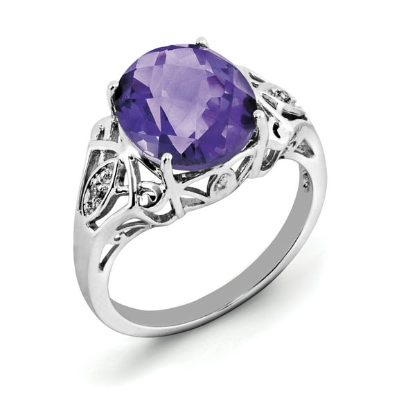 Primal Silver Sterling Silver Rhodium Checker-cut Amethyst and Diamond Ring