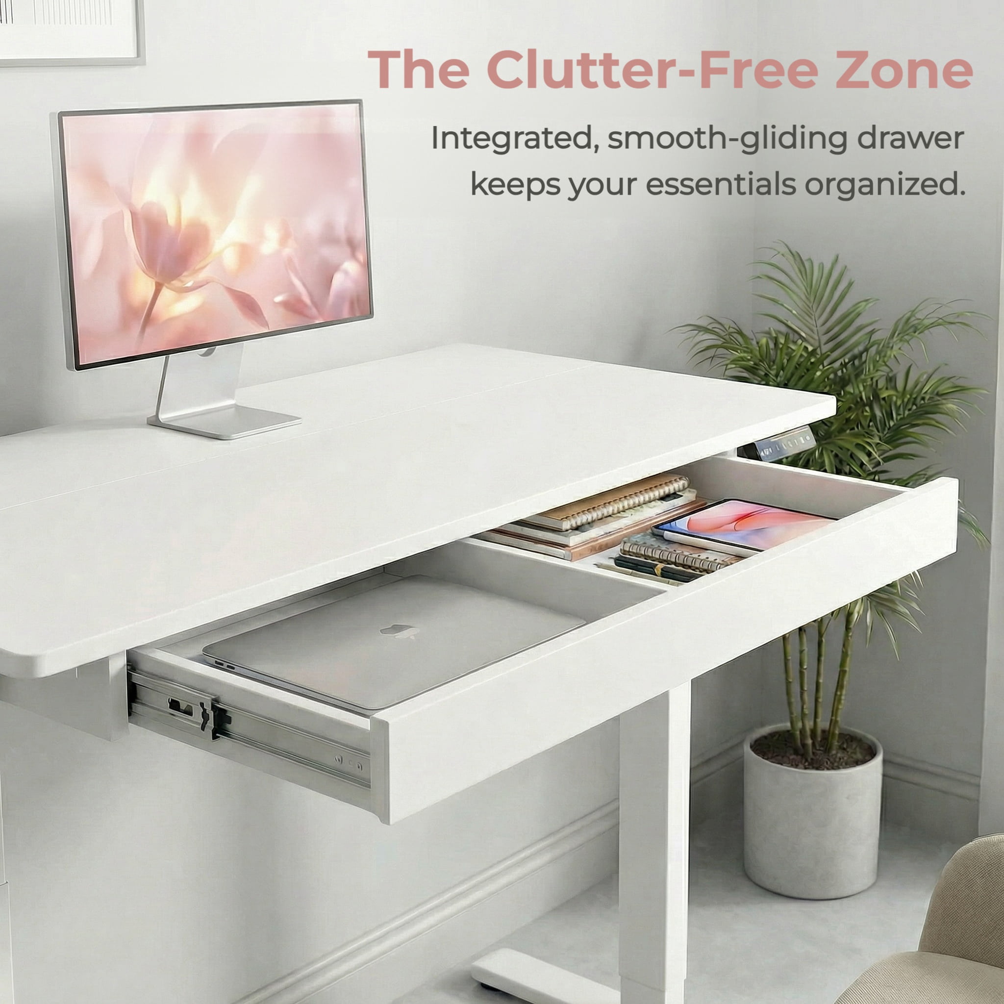 Kyspho Electric Standing Desk with Built-in Drawer, 48" x 24" Adjustable Height Computer Desk, 4 Memory Presets for Home Office, White