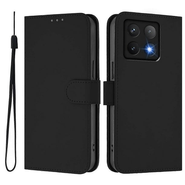 For Xiaomi 14T Case Solid Color Wallet Leather Phone Cover with Strap - Black