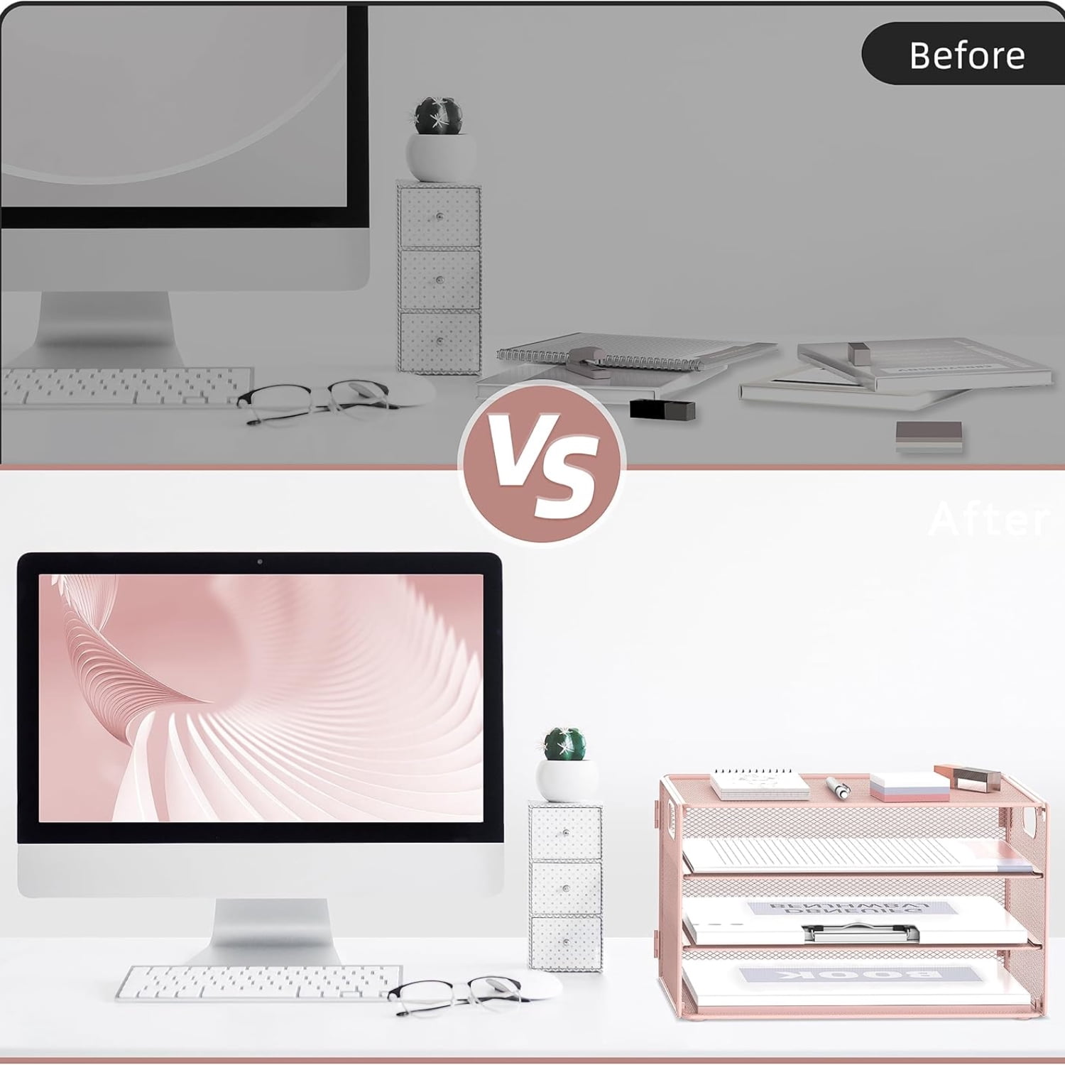 INTIGE 3-Tier Metal File Organizer with Handles, Desktop Storage Cabinet for Home, Office, Pink