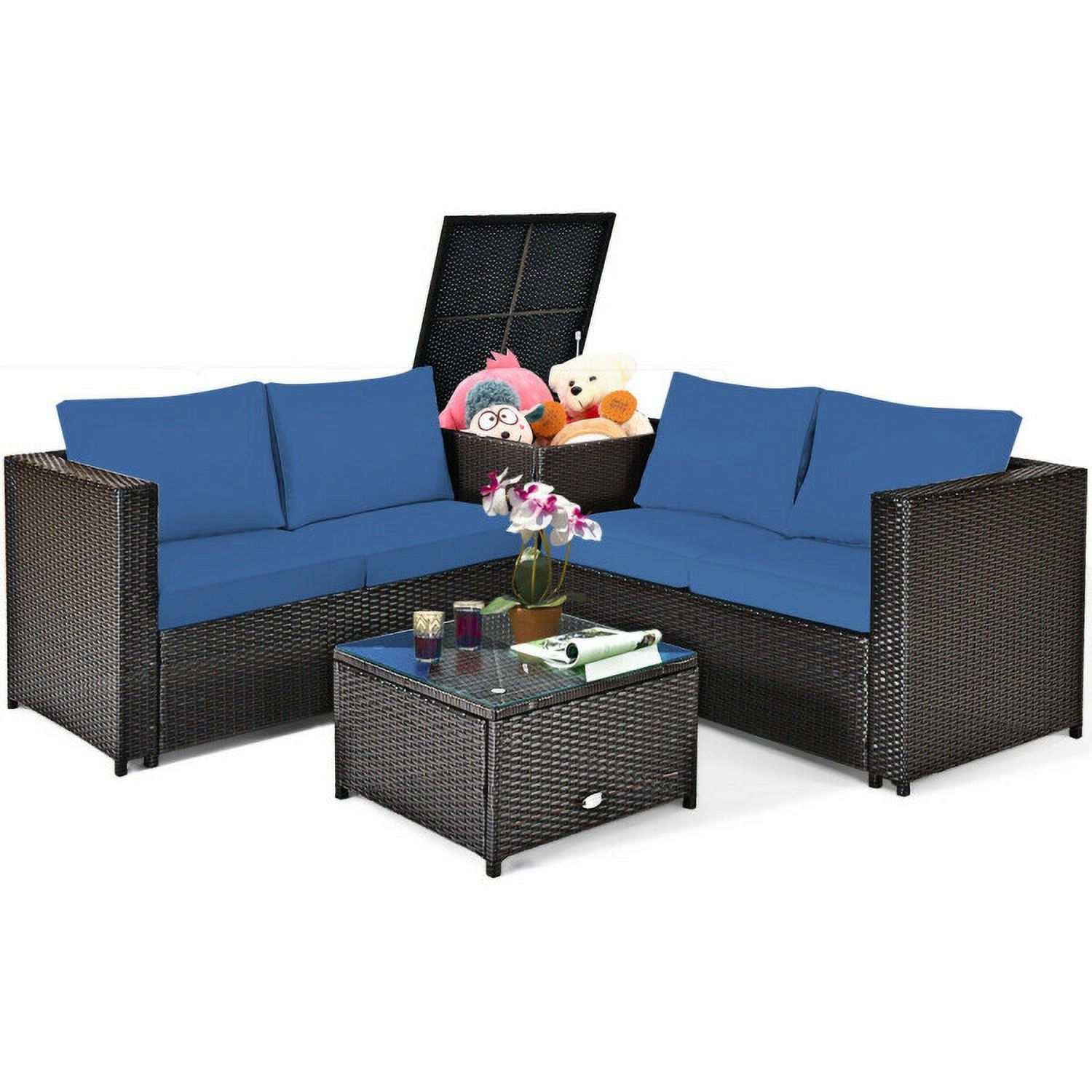 Aimee Lii 4 Pieces Outdoor Patio Rattan Furniture Set with Cushioned Loveseat and Storage Box, Outdoor Deck Furniture, Navy