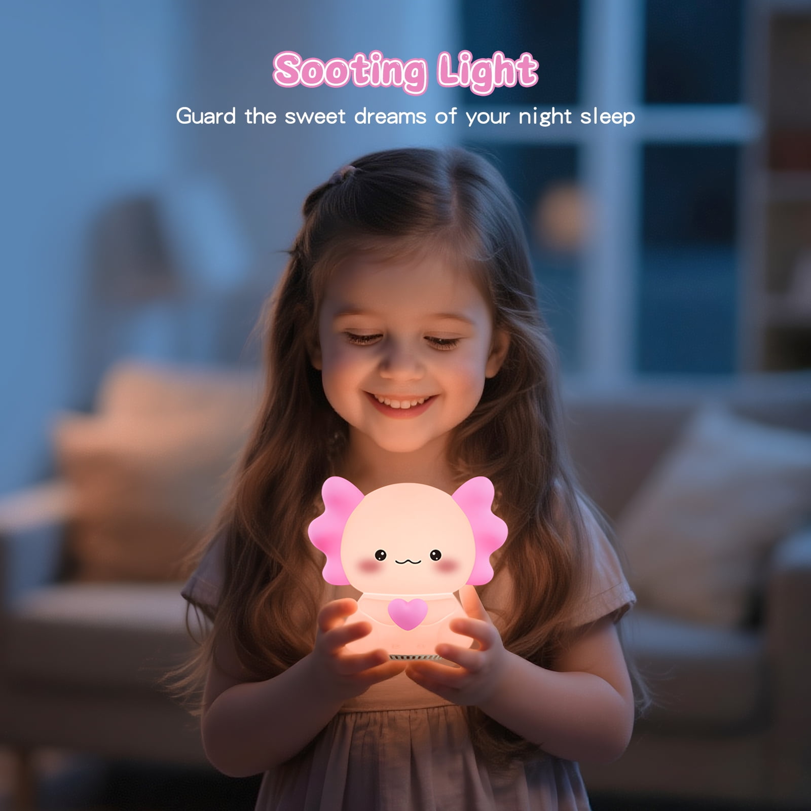 Axolotl Night Light with Sound Machine, Pink Silicone Touch Lamp, Wireless Speaker, Remote Control, Soft Touch, Baby Room Lamp