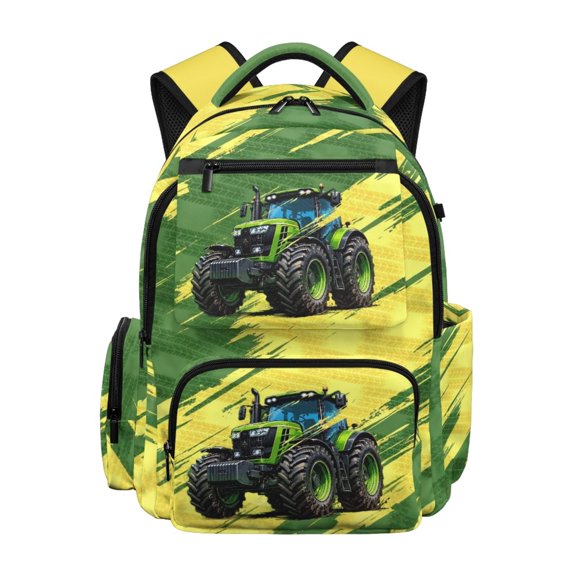 FUIALDOLG Green Tractor Breathable Padded Bookbag with Lightweight Portable Kids Backpacks, Padded Adjustable Straps 17 Inch School Bag for High School Travel