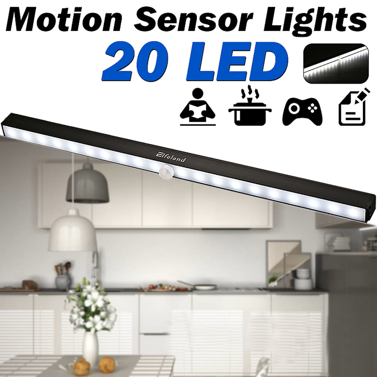 LED Motion Sensor Light Closet Night Light Bar Built Battery 3000K Cool White 