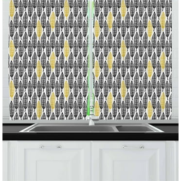 Ambesonne Feather Kitchen Curtains, Style Art Tribal, 55"x39", Black White Mustard
