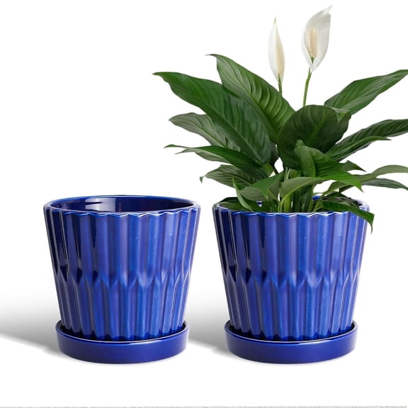 EFISPSS 6 Inch Ceramic Plant Pots with Drainage Hole and Saucer, Desktop Office Windowsill Decoration, Flower Pots Indoor/Outdoor Set of 2 - Blue