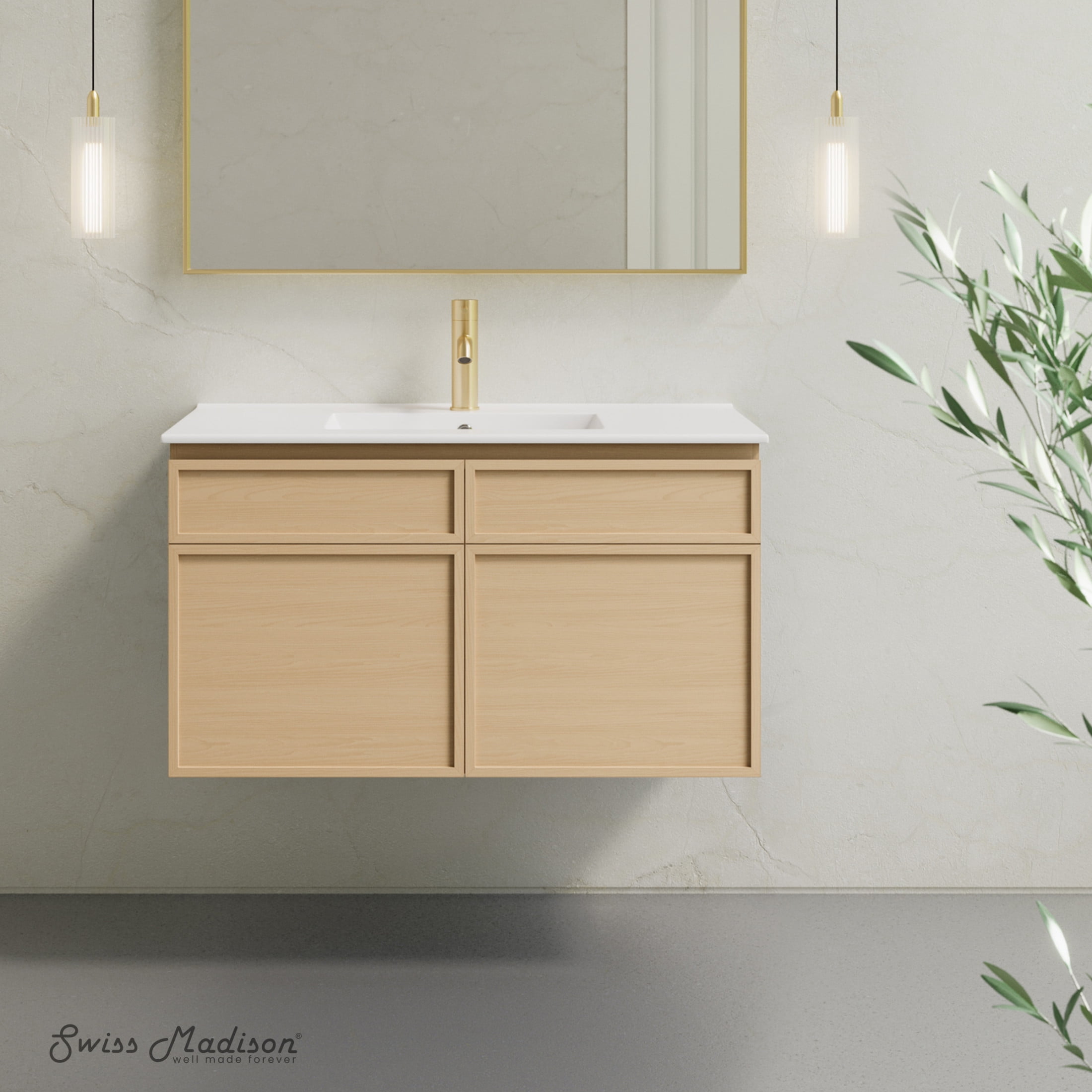 St. Tropez 36" Wall-Mounted Bathroom Vanity in Natural Oak with Sink Top