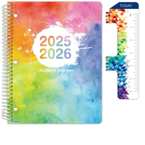 Global Datebooks 2025-2026 Elementary Student Planner 8.5x11 - Dated Weekly & Monthly Academic Planner (Large) with Ruler/Bookmark & Stickers, Ideal for Homework, Matrix Style, Rainbow Watercolors