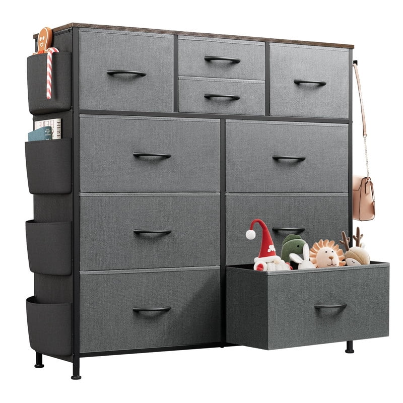 Kelno 10 Drawer Fabric Dresser Storage Organizer with Side Pockets Sturdy Metal Frame Wood Top, Gray