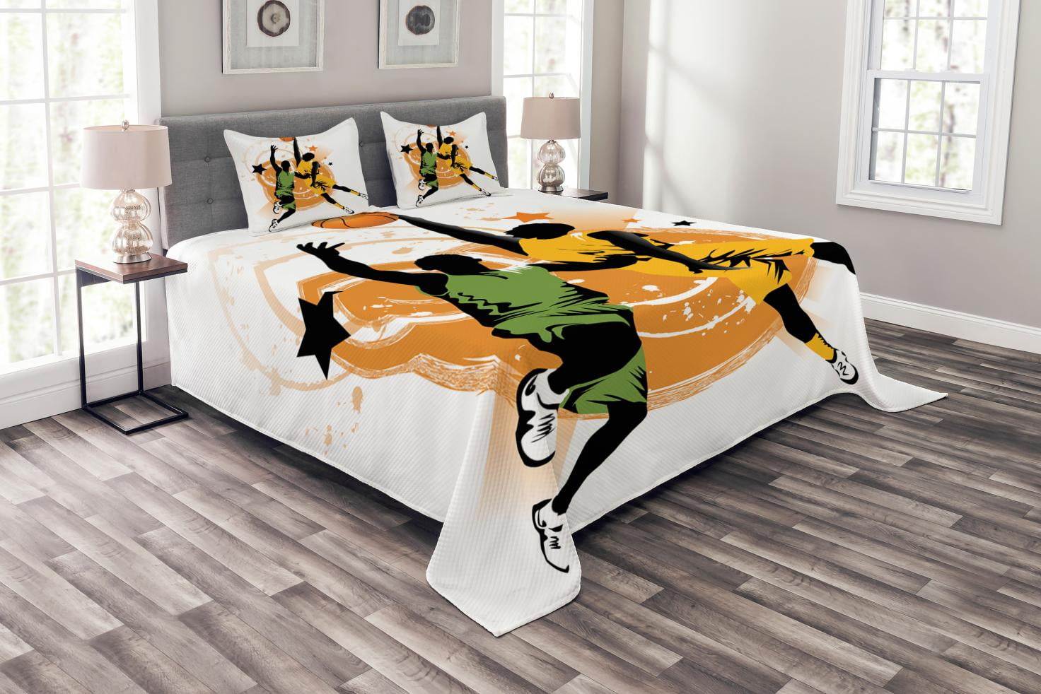 Basketball Bedspread Set Queen Size, Image of Two Basketball Players in