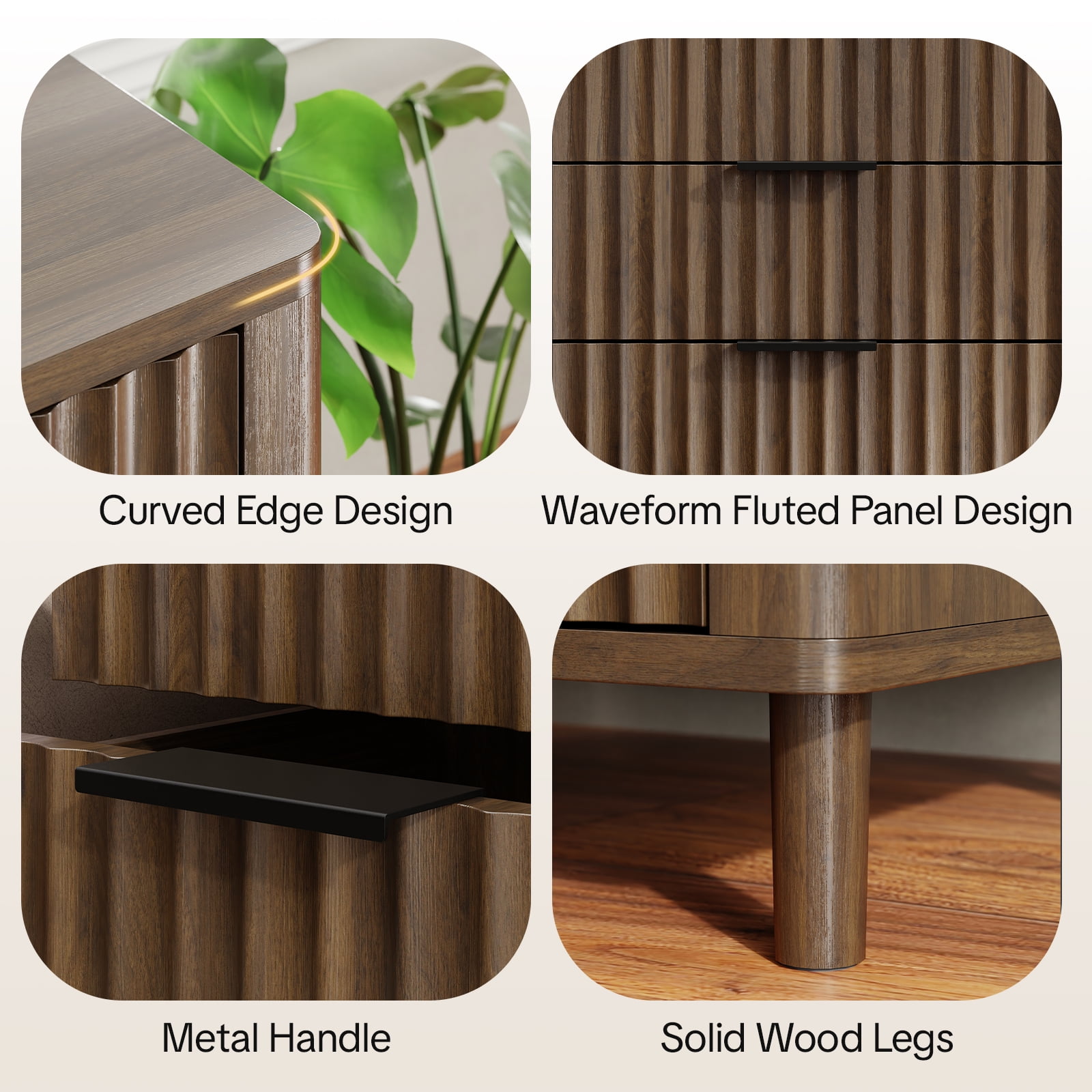 18" Wide Fluted Nightstand Set of 2 with Charging Station Modern Wood Bedside Table with 3 Drawers, Mid Century End Table for Bedroom Living Room Office, Walnut