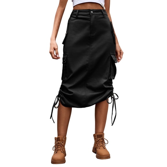 Tfken Summer Skirts For Women Button Solid Color Long Cargo Skirts With Pockets Trendy Daily Wear Female Classic Clothes Black