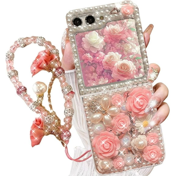 for Samsung Galaxy Z Flip 6 Case,Cute Bling Glitter Sparkle Stunning Stones Diamond Rhinestone 3D Handmade Pearl Rose Flower with Wrist Lanyard for Women Girly for Galaxy Z Flip 6 5G (Pink)