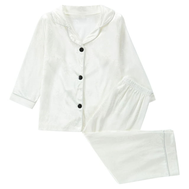 Odeerbi 1-8 Años Niños Niñas Pijama de Satén Con Solapa Entallada Camisa de Manga Larga Conjunto de Pantalones Suave Ropa de Dormir de Dos Piezas Pijama de Dos Piezas