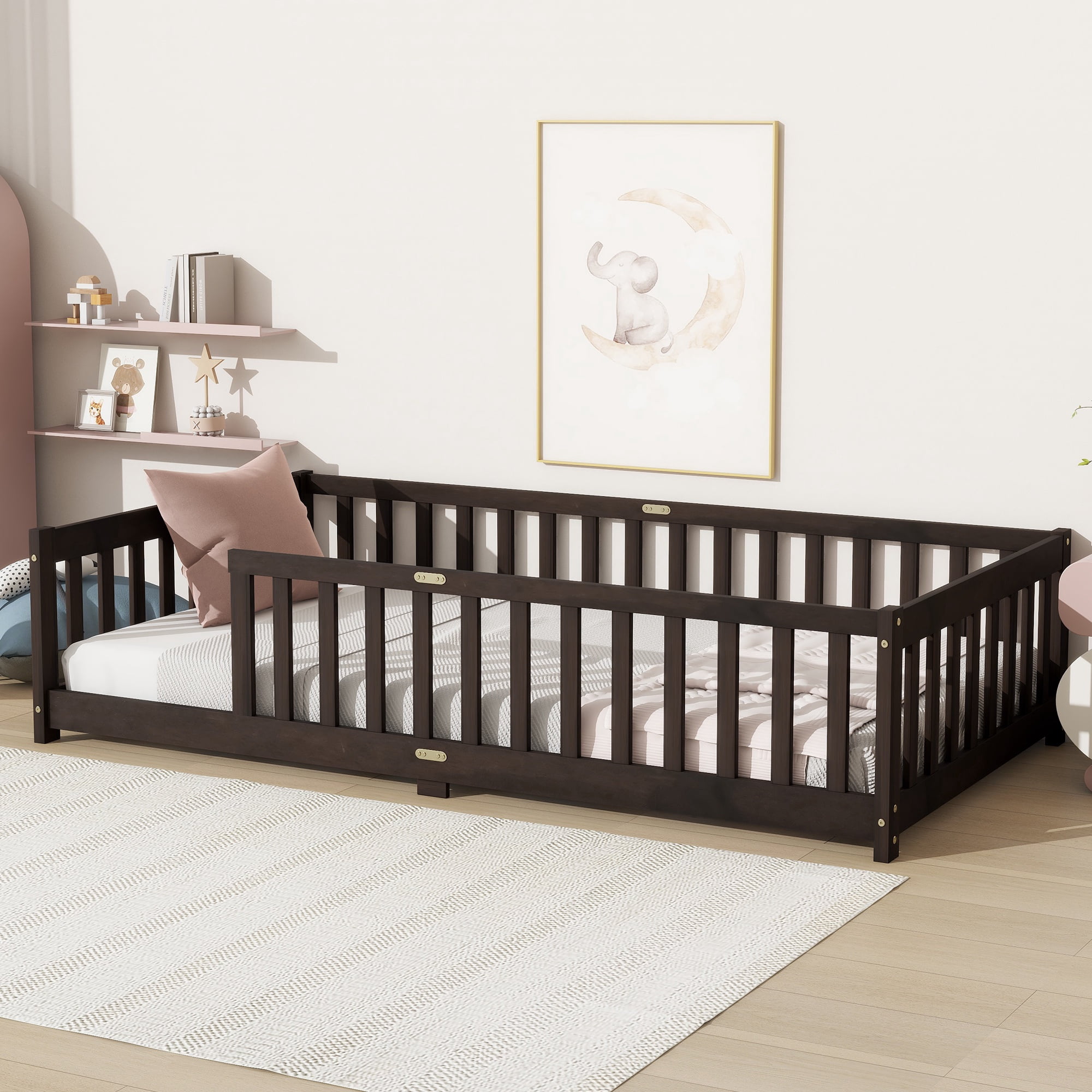 Twin Size Floor Bed with Fence, UHOMEPRO Montessori Floor Bed with Slats and Safety Guardrails, Solid Wood Twin Bed Frame for Bedroom, Espresso