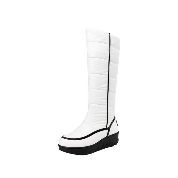 Xfvqtps Womens Knee High Boots Large Size Thick Soles Wide Calf Waterproof Non Slip Winter Down Boots Fall Cotton Color Matching Snow High Top Boots White
