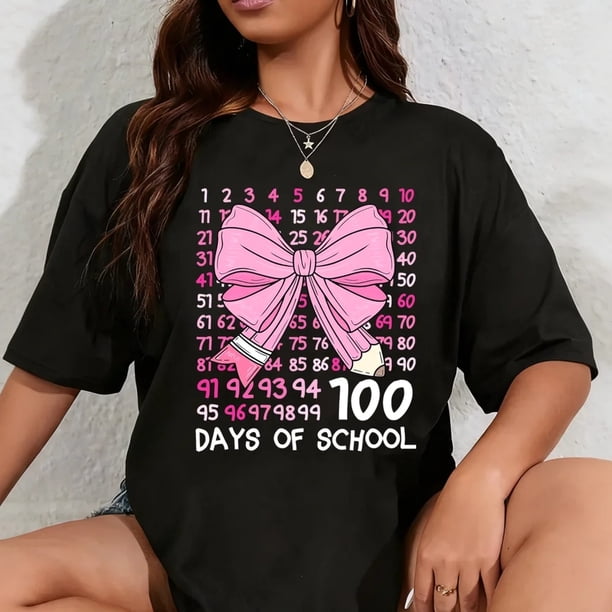 Camiseta de Algodón 100% para Mujer - Lazo Coquette Número 100, Día del Centésimo Día de Escuela, Colores Cómodos, Talla Adulto, Tela Pesada