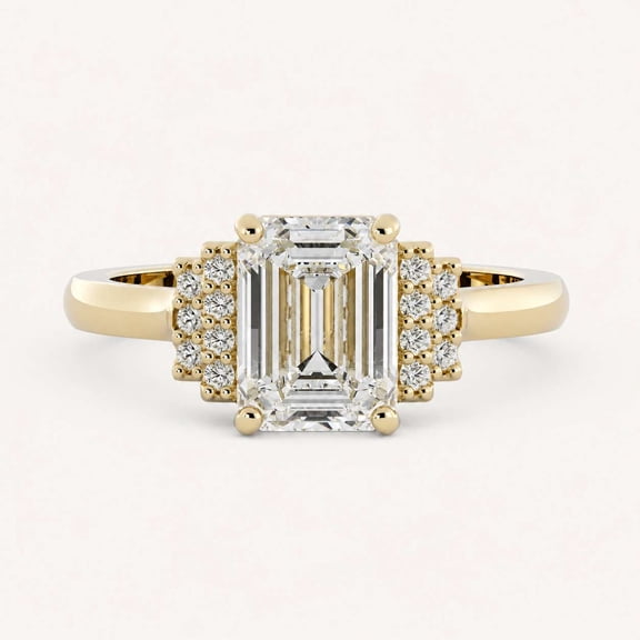 vylahjewellery 14K Yellow Gold Vermeil Emerald Cut Diamond Vintage Engagement Rings with Round Accents Wedding Emerald Proposal Ring for Women