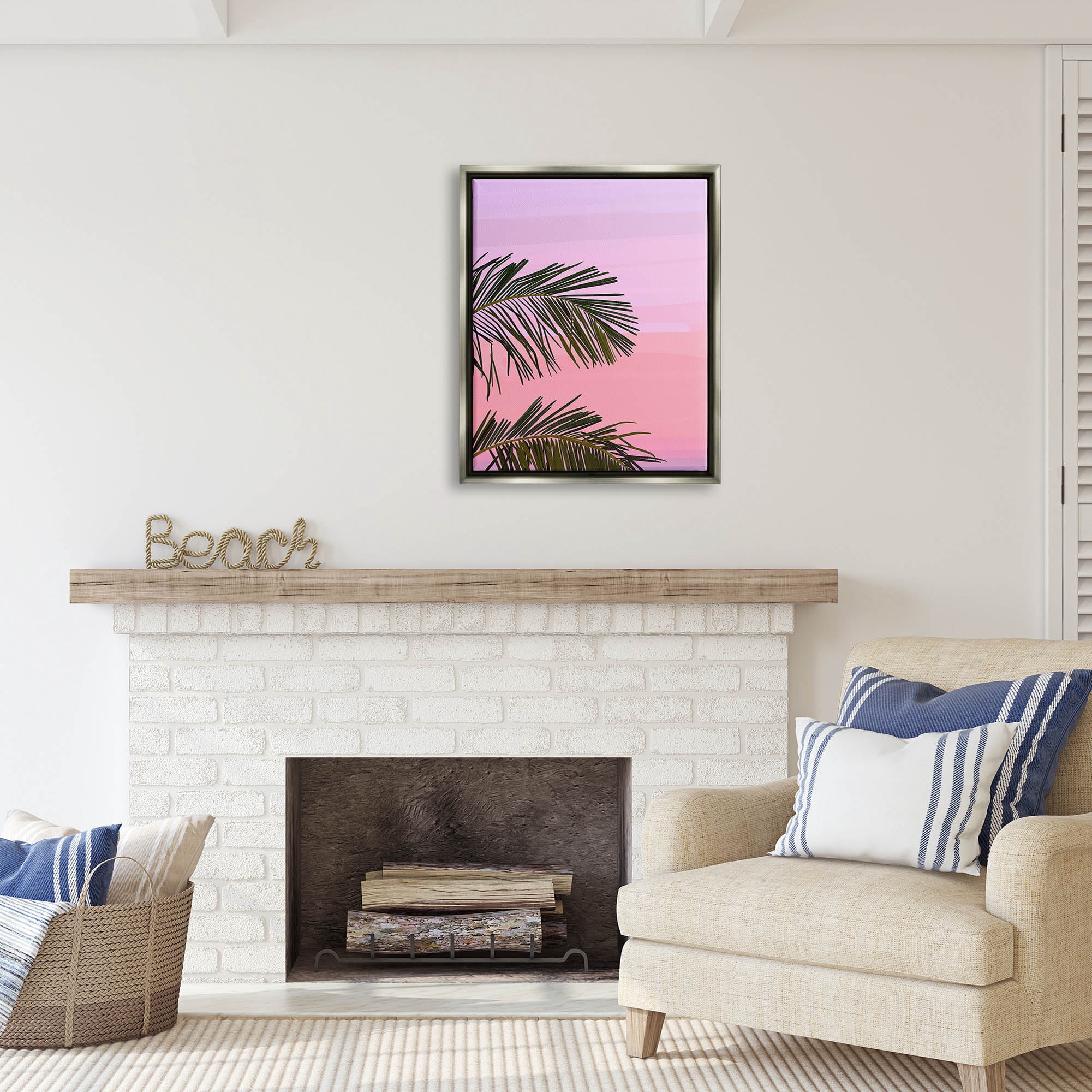 Stupell Industries Pink & Purple Sunset Palm Leaves Coastal Painting Gray Floater Framed Art Print Wall Art