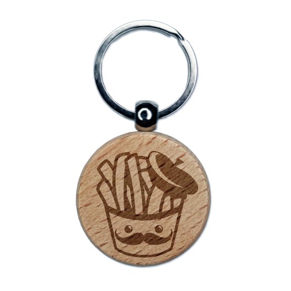 French Fries with Mustache and Beret Round Keychain Charm Tag - Engraved Wood
