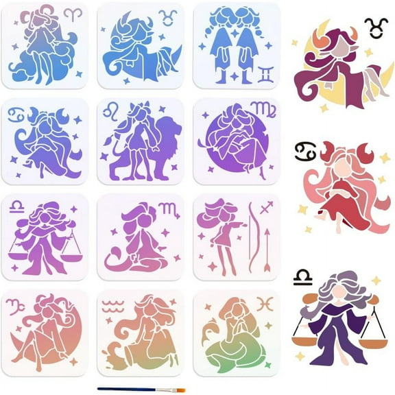 12pcs 12 Zodiac Signs Stencil 6×6inch Reusable Astrological Zodiac Symbols Constellations Craft Stencil with Paint Brush