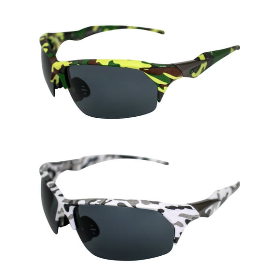 AlterImage Pursuit Wraparound Sports & Motorcycle Retro Sunglasses for Men or Women 2 Pair Semi-Rimless Green & White Camo Frames w/Rubber Nose Pads & Smoke Lenses