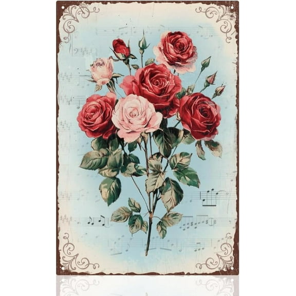 Vintage Valentine's Day Rose Flower Wall Decor Metal Tin Sign Retro Art Poster for Home Office, Cafe Bar She Shed Room Decoration 8 x 12 Inch