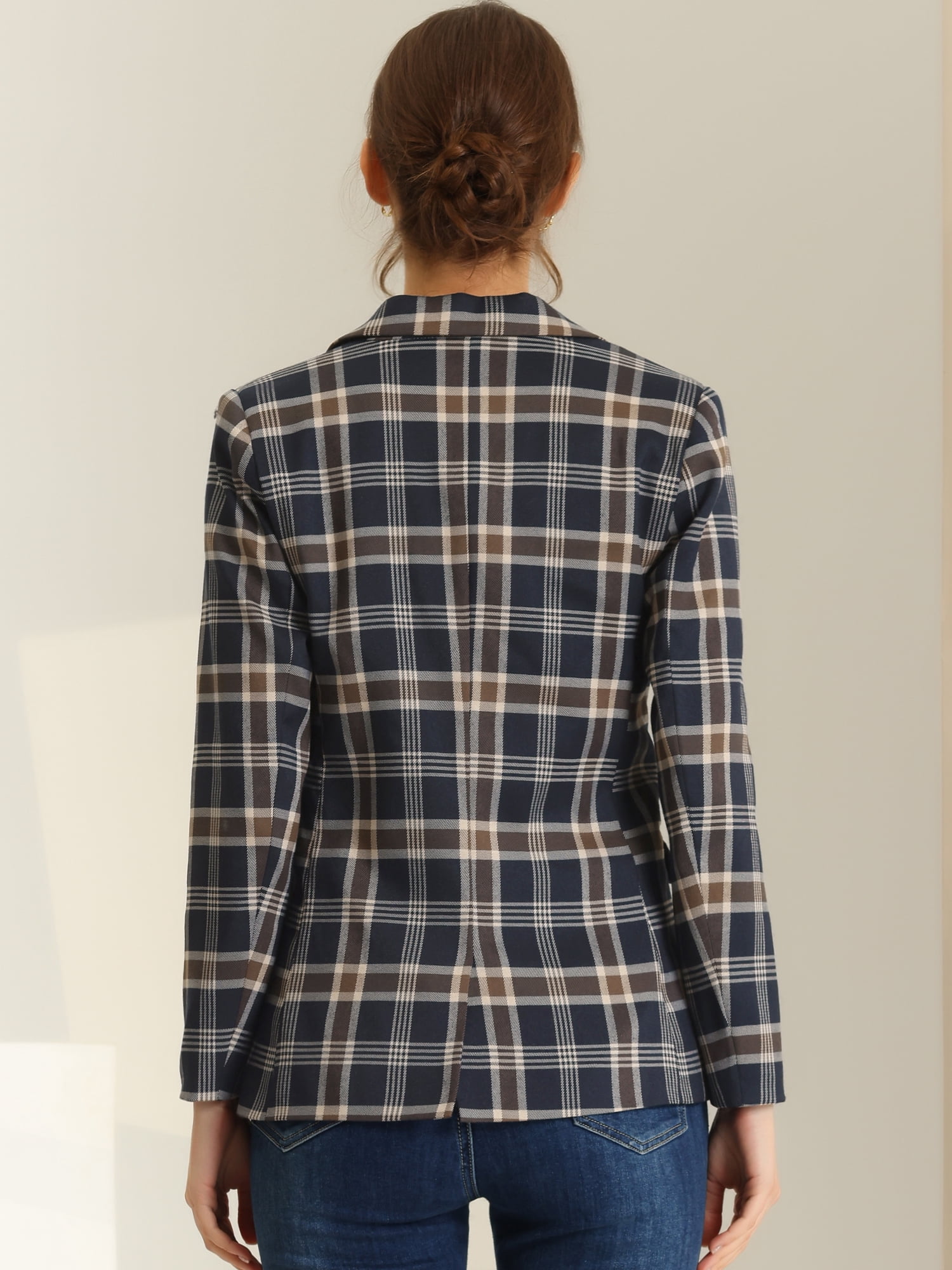 DARING DIVA Women's Boyfriend Notched Lapel One Button Blazer Suit Plaid Blazer Jacket S Dark Blue