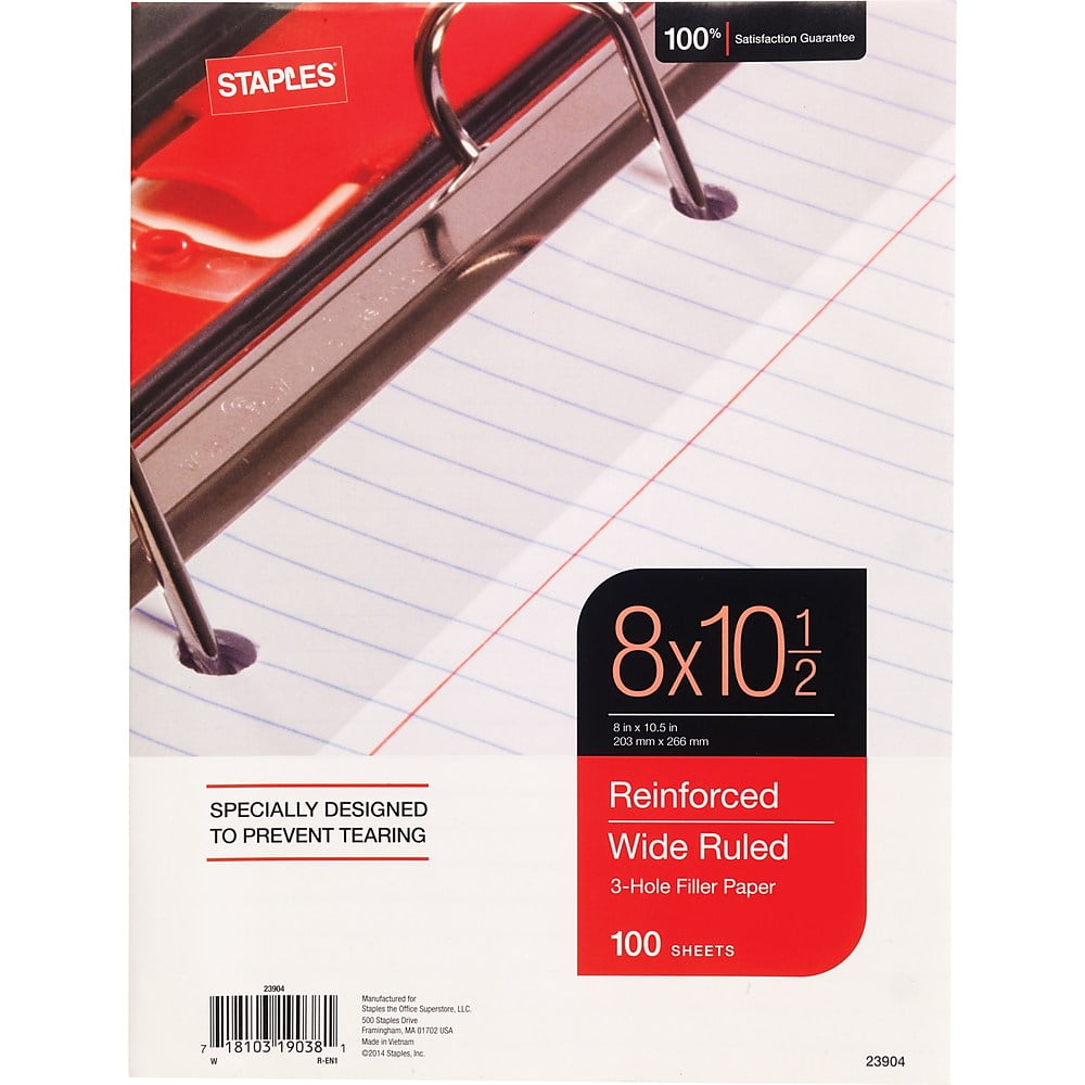 Staples Reinforced Filler Paper Wide Ruled 8" x 10 1/2" 100 sheets 12