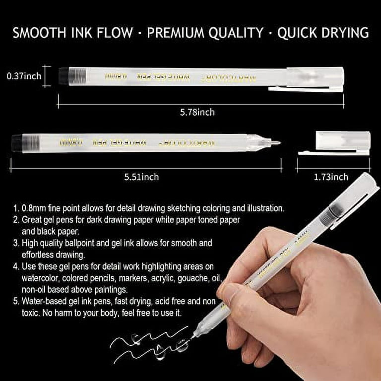 MARTCOLOR White Gel Pens Set 6 Pack 0.8mm Fine Point Pens Gel Ink