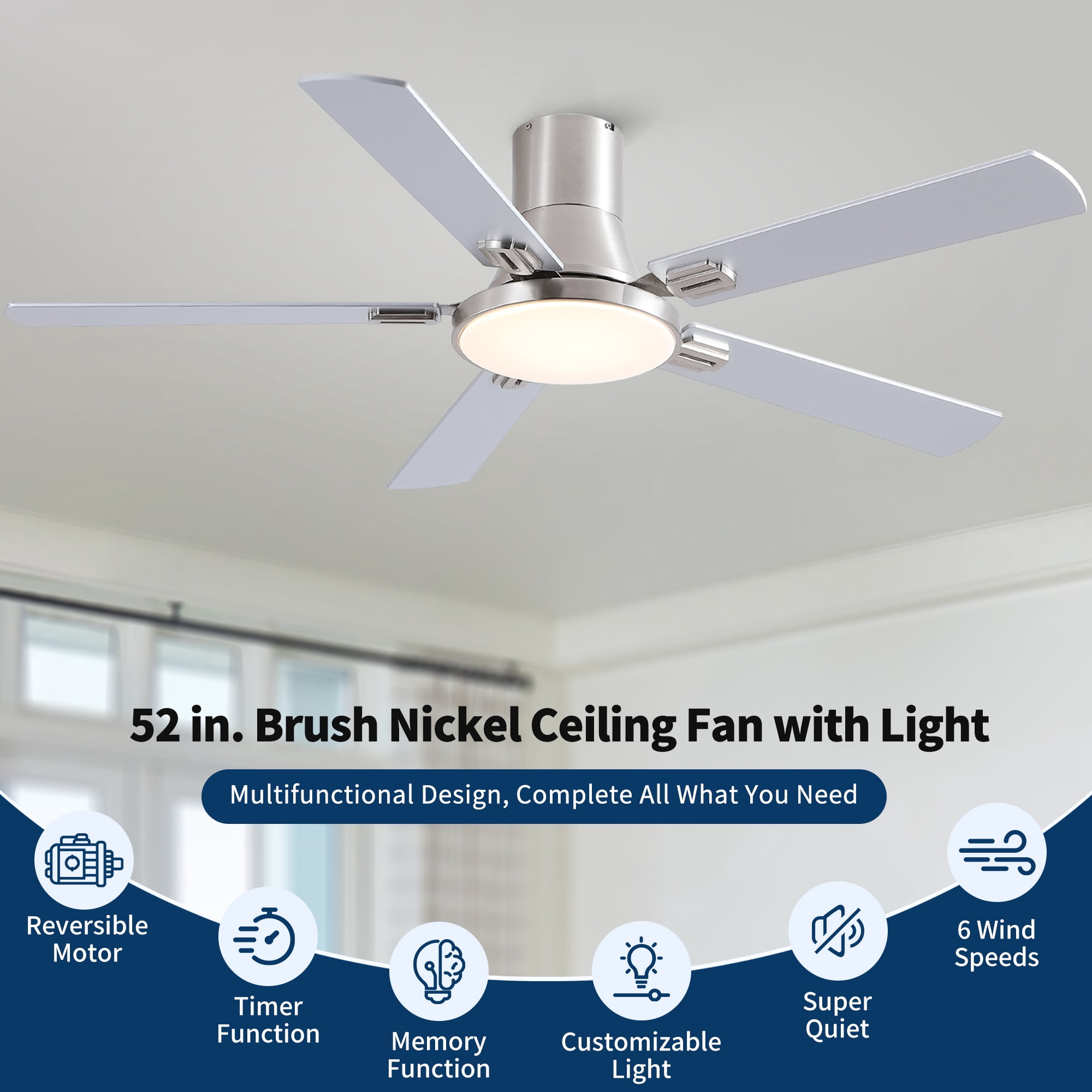 Leumius 52" Ceiling Fan with Lights and Remote, Mordern Minimalism Brushed Nickel Flush Mount Ceiling Fan with Light and Double-Sized Blades for Living Room Bedroom