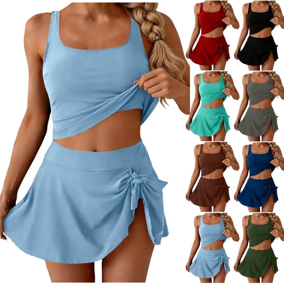 HBGVBA Women's Tankini Swimauits,2 Piece Bathing Suits,Solid Color Slim Fitted Conservative Tankini Set with Adjustable Straps