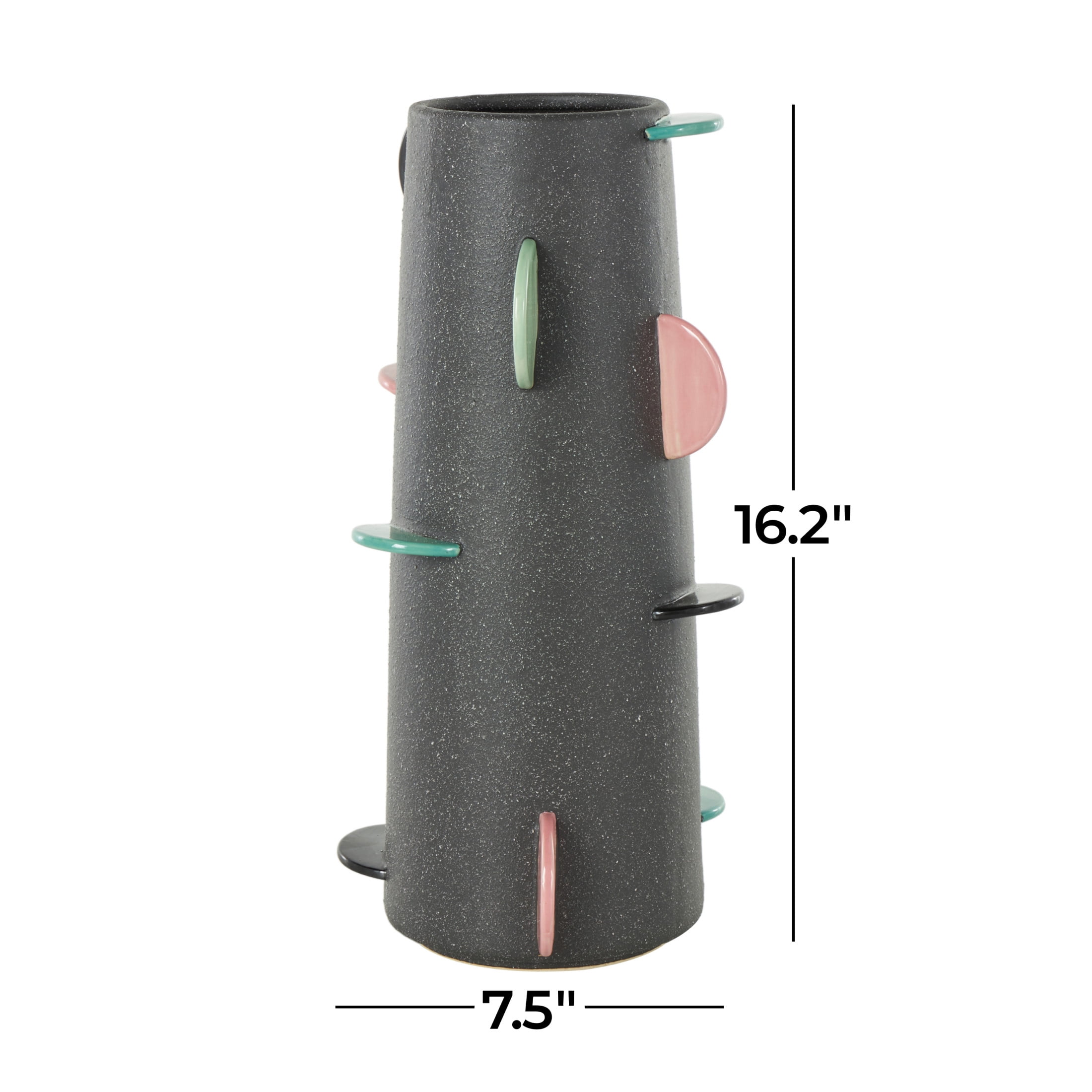 DecMode 16" Textured Black Ceramic Vase with Multicolor Half-Moon Accents