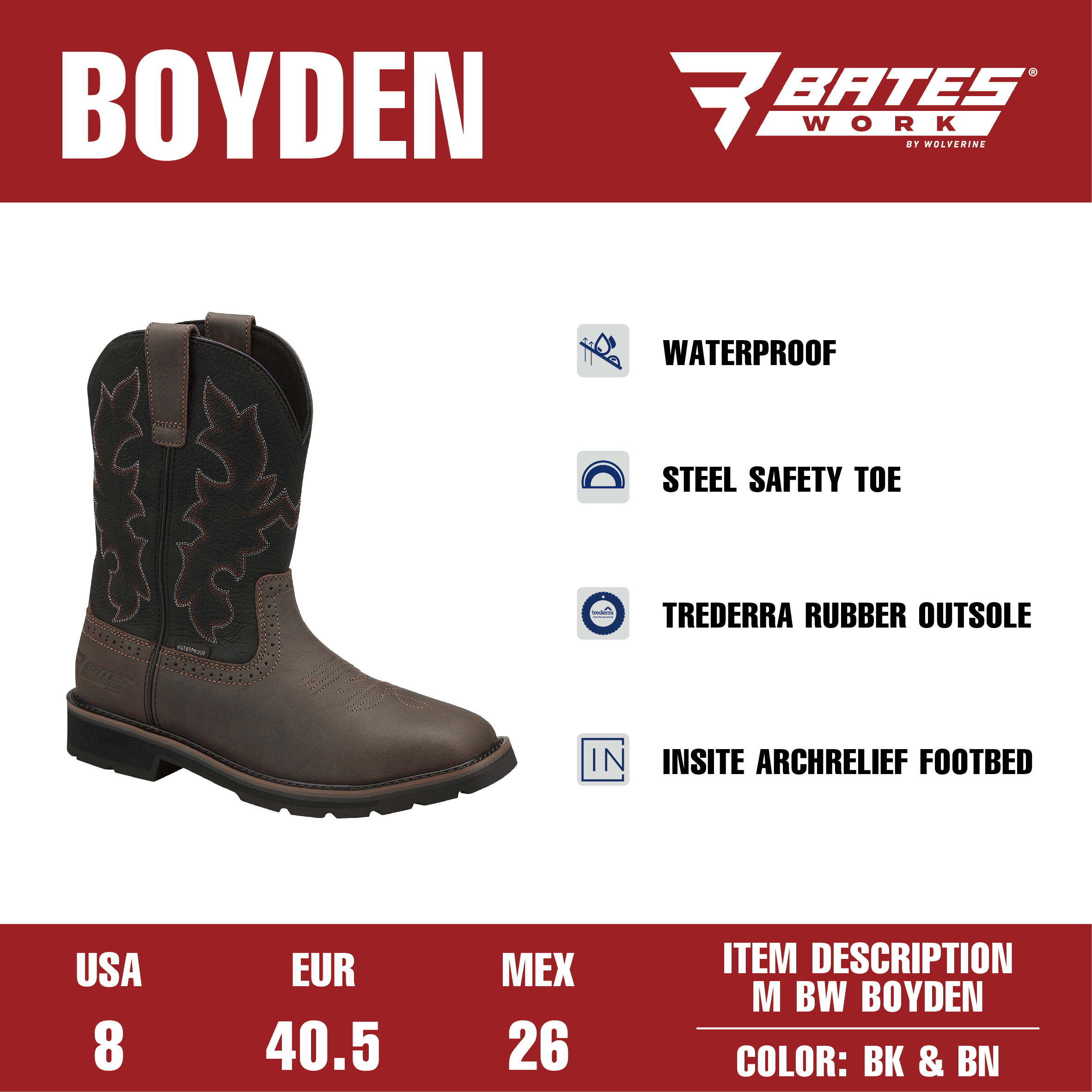 Bates Work by Wolverine Men's Boyden Waterproof Steel Toe Western Work Boot