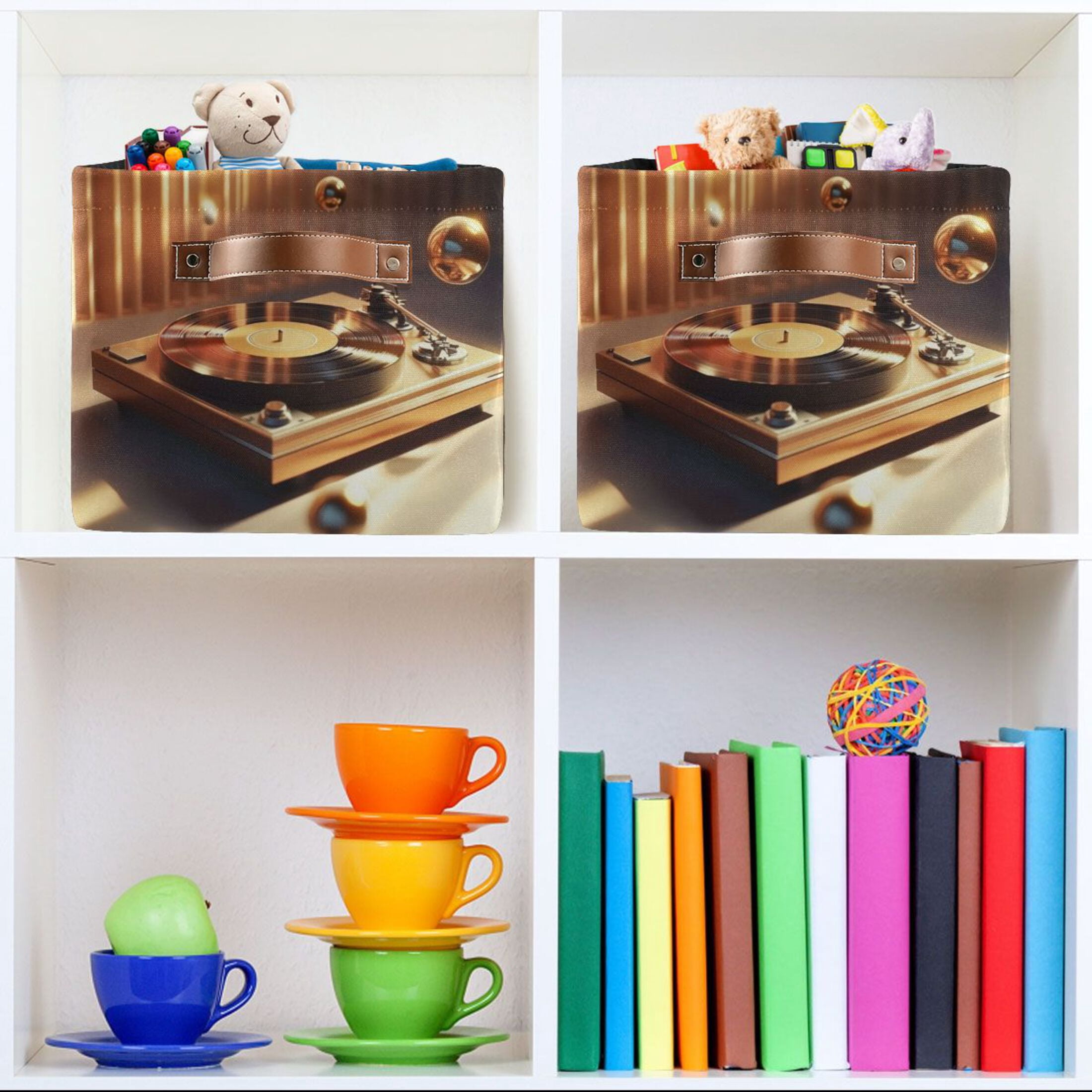 Vinyl Record Player Pattern Foldable Storage Basket,Canvas Fabric Foldable Storage Bins with Handles Open Home Storage Bins Boxes for Toy Book Shelf Closet Baskets