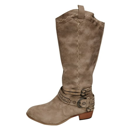 

Yoslce Winter Boots for Women Fashion Cowboy Riding Boots Casual Warm Middle Heels Middle Tube Boots Shoes Beige 42