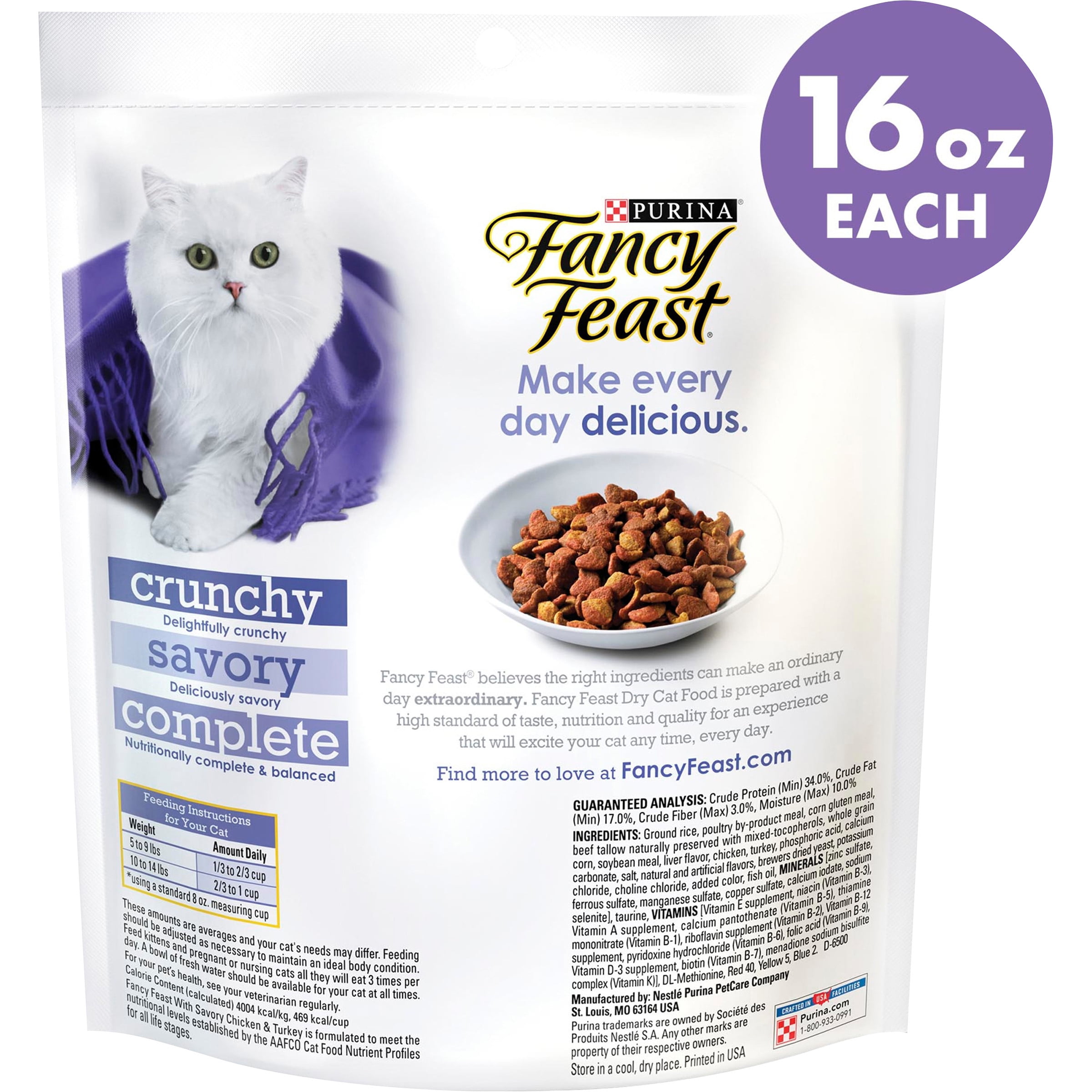Purina Fancy Feast Dry Cat Food, Savory Chicken & Turkey, Contains Essential Vitamins & Minerals, Gourmet Cat Food for Adult Cats, 16 OZ Bag (Pack of 4)