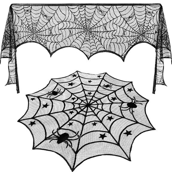 CQHVKQ 2PCS Halloween Decorations Set, Lace Tablecloths, Fireplace Spider Web, Halloween Black Tablecloths & Runner Combo, Black Spider Web Table Decoration for Halloween Party, Fireplace