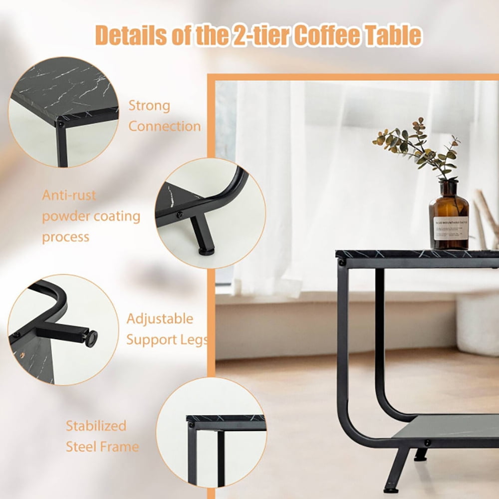 Finihen Coffee Table, 2-Tier Modern Marble Coffee Table with Storage Shelf, for Living Room, Reception Room, Black Finihen Coffee Table, 2-Tier Modern Marble Coffee Table with Storage Shelf, for Living Room, Reception Room, Black