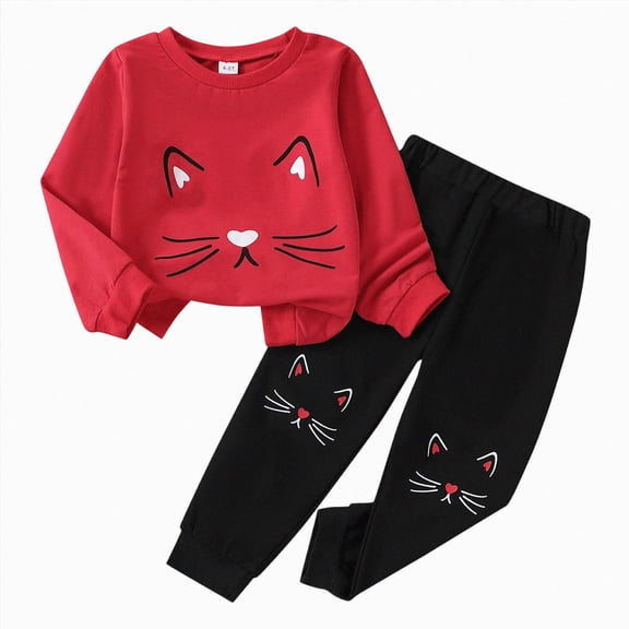UAYOTSE 2T 3T 4T 4T Toddler Girl Cat Face Print Long Sleeve Sweatshirt Jogger Pants 2Pcs Set Fall Winter Sporty Casual Outfit Size 3-4 Years