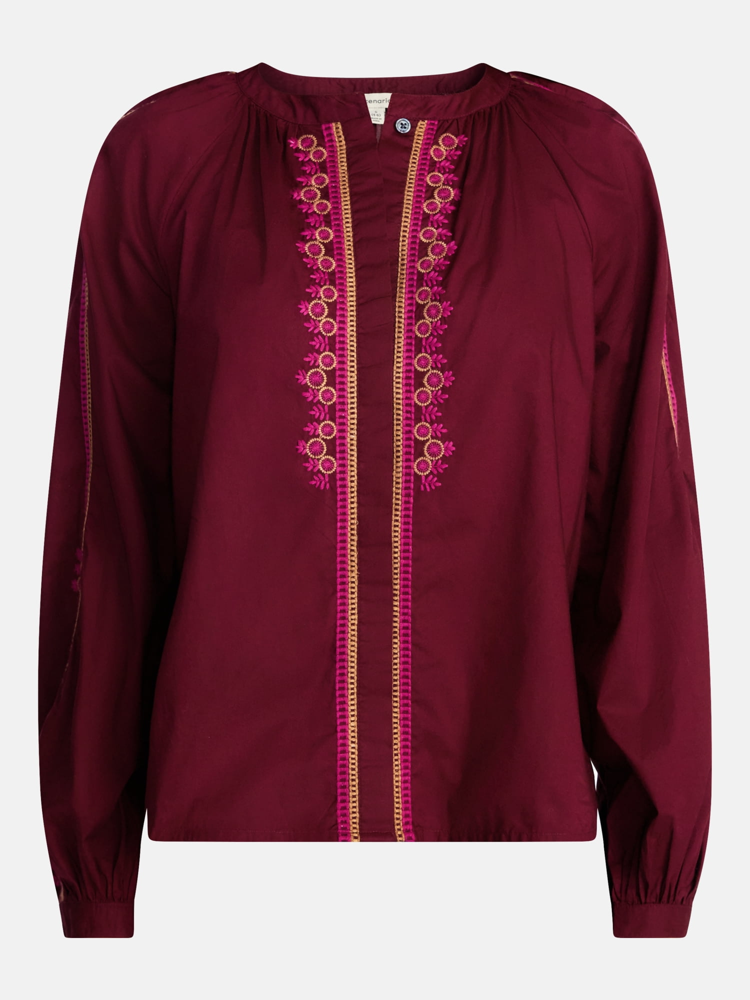 Scenario Women's Embroidery Top with Long Sleeves, Sizes XS-XXXL
