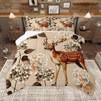 Homewish Safari Moose Deer Full Size Comforter Sets,Retro Rustic Hydrangea Bedding Comforter Set,Brown Beige Bedding Sets For Girl Kids,Super Cozy Room Decor Reversible,3pcs